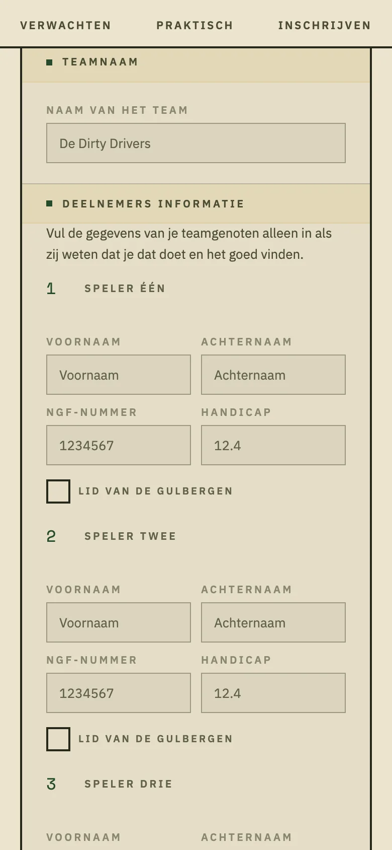 Het inschrijfformulier van dezelfde site op een telefoon: een blok Teamnaam, daaronder per speler velden voor voornaam, achternaam, NGF-nummer en handicap, met bij elke speler een vinkje 'lid van De Gulbergen'.