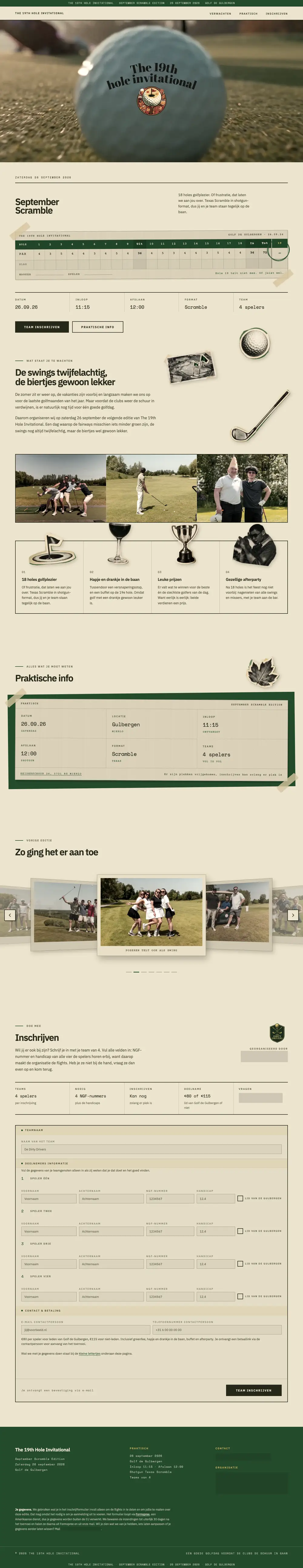 De volledige pagina van The 19th Hole Invitational: bovenaan de editie en de datum, het menu en een golfbal met het logo van het toernooi, daaronder een scorekaart. In het midden wat je kunt verwachten, met foto's van de vorige editie, en de praktische info. Onderaan het inschrijfformulier voor een team van vier.