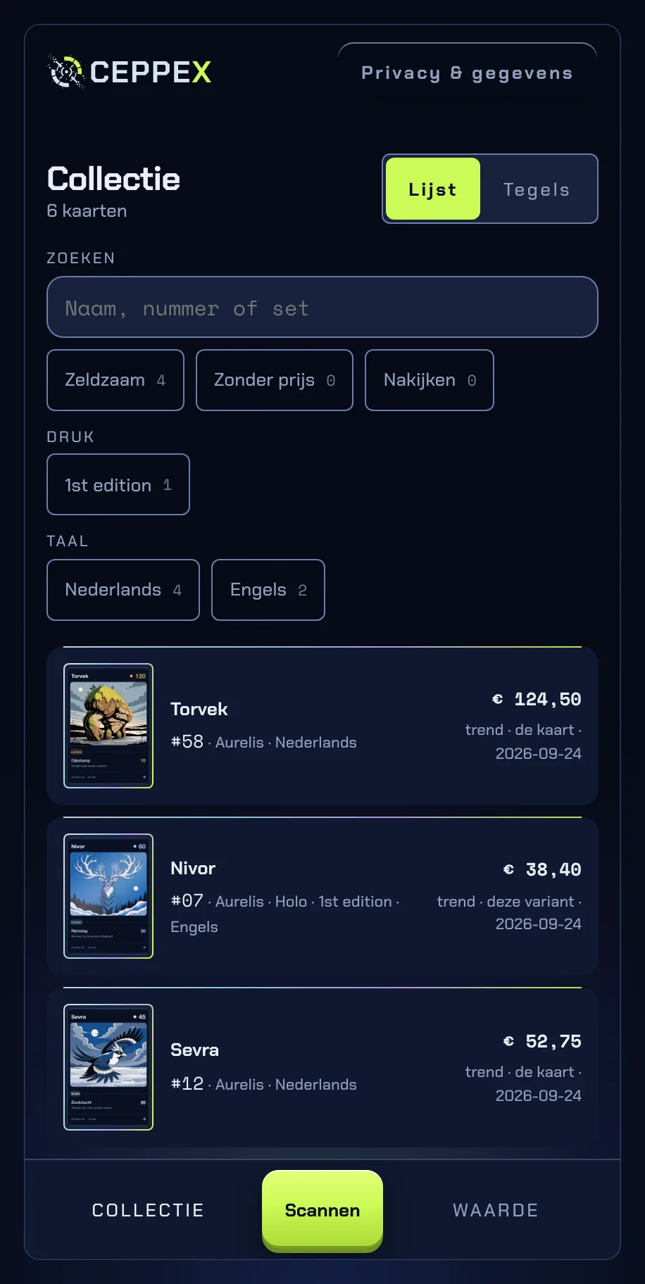 Het collectiescherm van Ceppex op een telefoon: bovenaan Collectie met 6 kaarten en de filters, daaronder per kaart een miniatuur, de naam, het nummer, de set en de waarde met de bron en de datum.