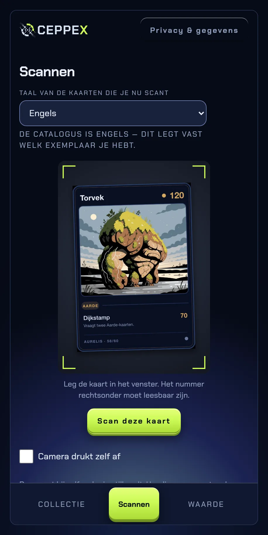 Het scanscherm van Ceppex: een kaart binnen vier hoekhaken, met daaronder de knop om te scannen.