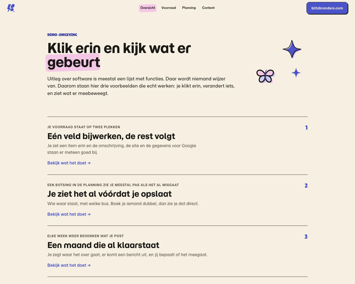 De voordeur van de demo-omgeving: in het menu Voorraad, Planning en Content, met de kop 'Klik erin en kijk wat er gebeurt'.