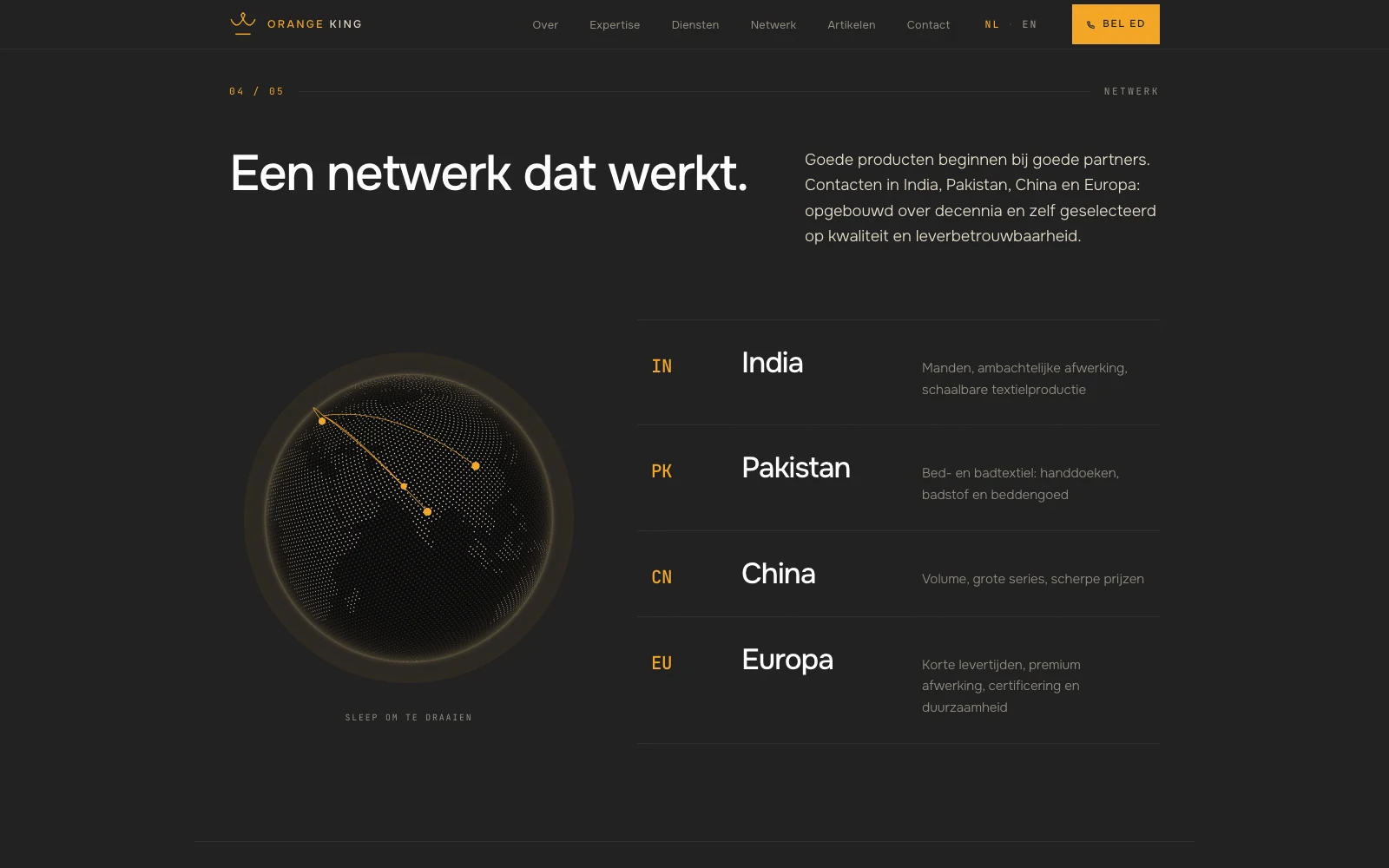De sectie Netwerk op orangeking.nl: links een wereldbol van stippen met verbindingslijnen, rechts vier rijen — India, Pakistan, China en Europa — met per land waar dat deel van het netwerk voor staat.